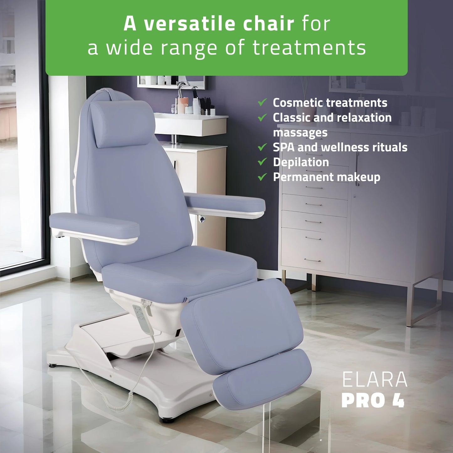 Cosmetic treatment chair, electric Elara PRO 4, violet