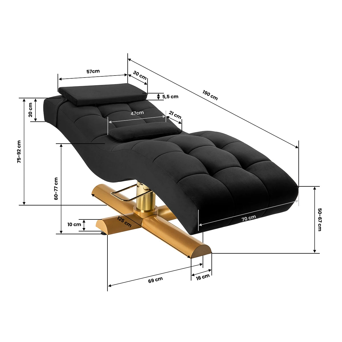 Sillon Corona behandelstoel voor wimperextensions, zwart met gouden voet