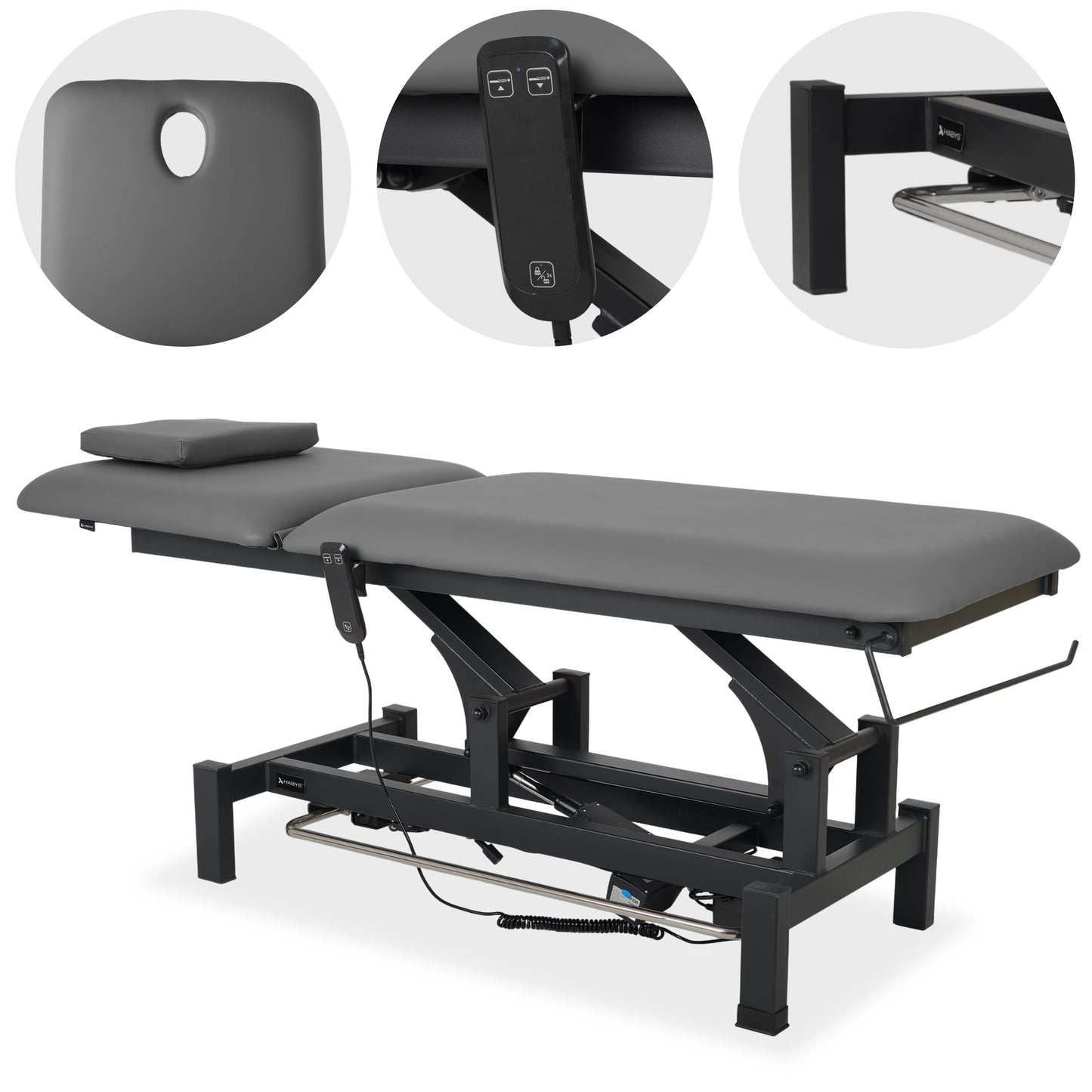 Fortis 2 treatment table, electric adjustment, foot control bar, hand remote control, head cushion, k722 gray