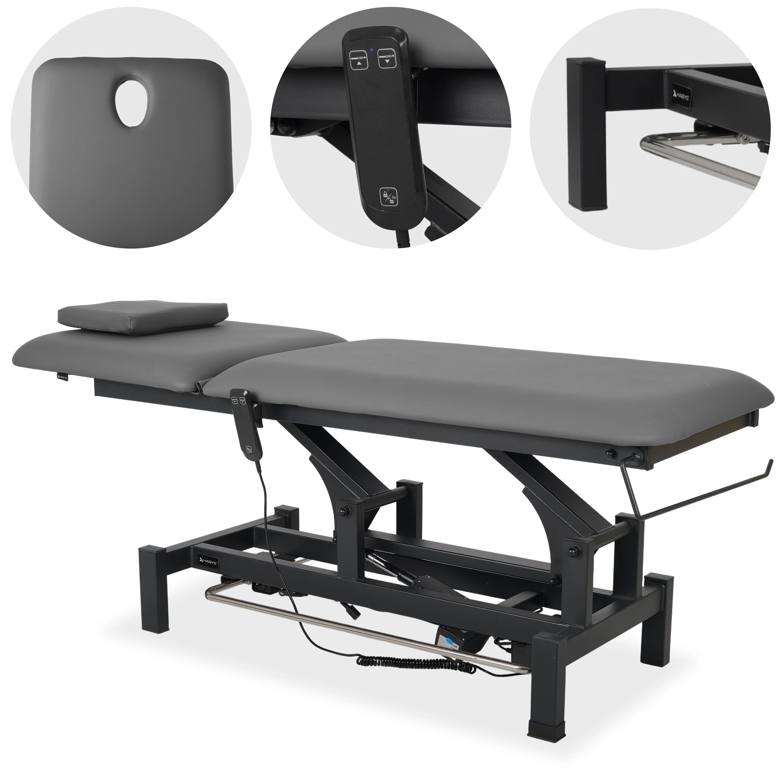 Fortis 2 treatment table, electric adjustment, foot control bar, hand remote control, head cushion, k722 gray